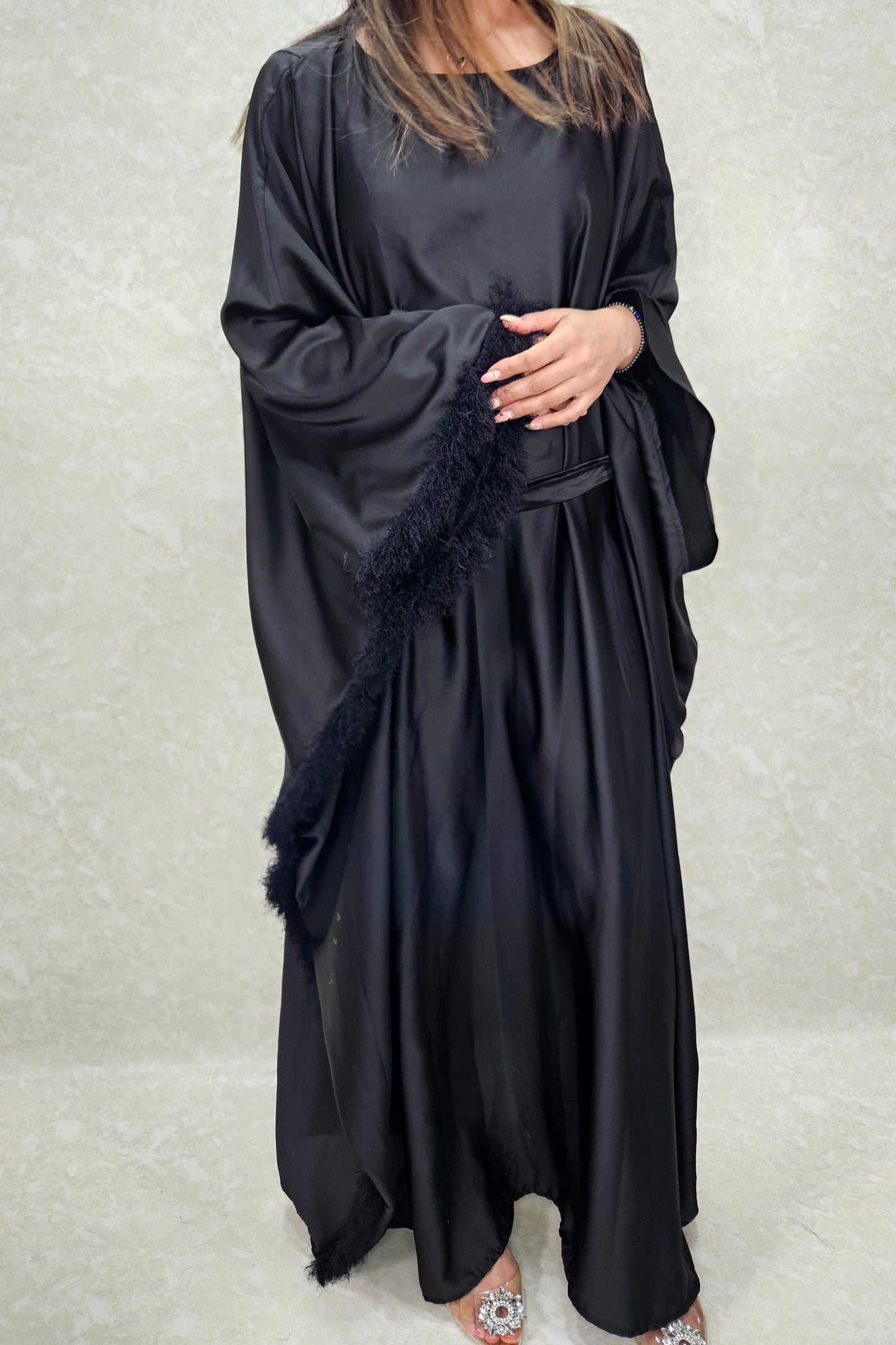 Satin dress with fur