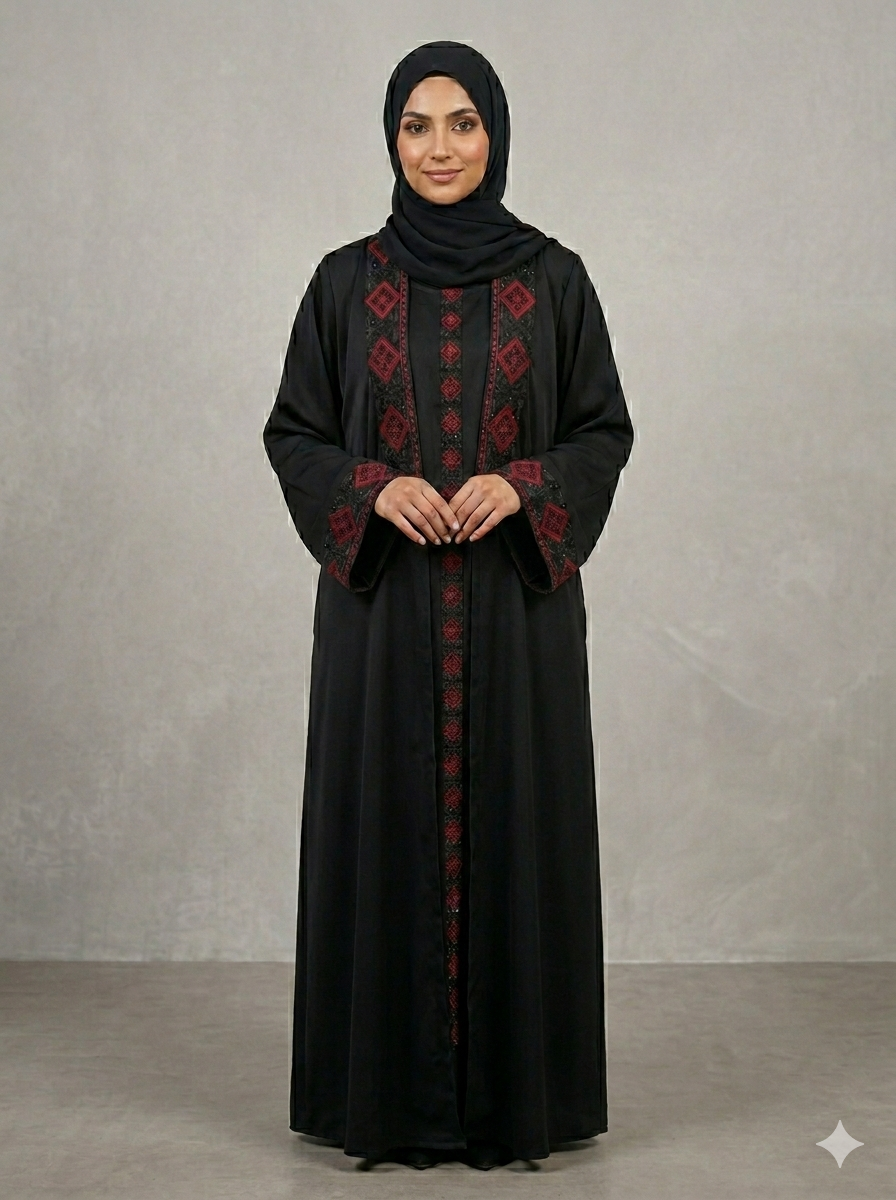 BLACK RED EMBROIDERY ABAYA