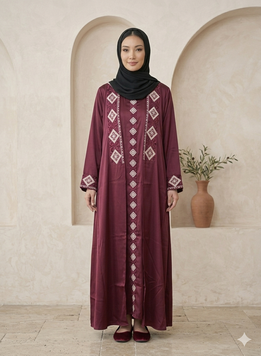 MAROON WHITE EMBROIDERY ABAYA