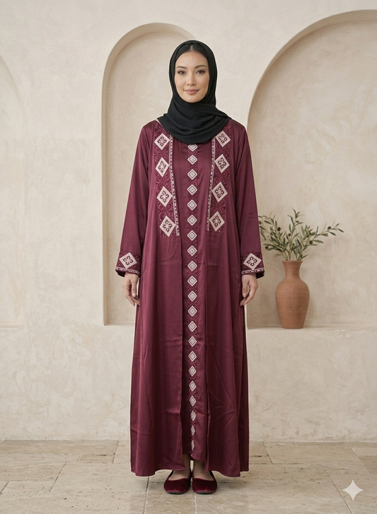 MAROON WHITE EMBROIDERY ABAYA