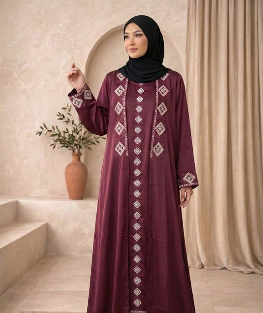 MAROON WHITE EMBROIDERY ABAYAH